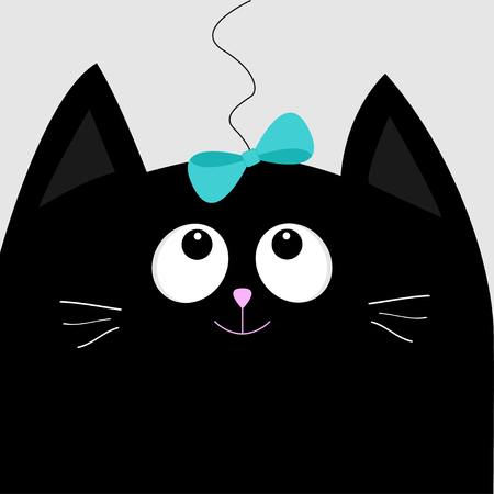 Black cat head looking at blue bow hanging on thread. Cute cartoon character. Pet baby collection Card. Flat design. Vector illustration.のイラスト素材