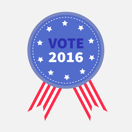 Blue badge with striped ribbons Award button icon Star and strip President election day 2016. Voting concept. American flag. Isolated White background Card Flat design Vector illustrationのイラスト素材