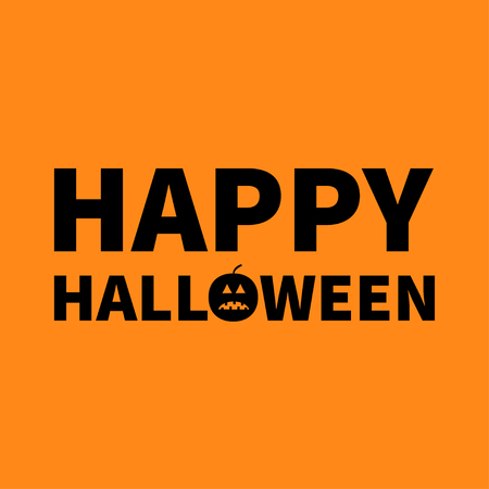 Happy Halloween Lettering text banner with sad black pumpkin silhouette. Greeting card. Flat design. Orange baby background. Vector illustrationのイラスト素材
