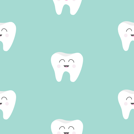Seamless Pattern Tooth health. Cute funny cartoon smiling character. Oral dental hygiene. Children teeth care. Baby texture. Flat design. Blue background. Vector illustration.のイラスト素材