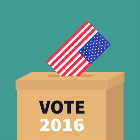 President election day Vote 2016. Ballot Voting box with American flag paper blank bulletin concept. Polling station. Isolated Green background Flat design Card Vector illustrationのイラスト素材