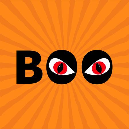 Word BOO text with red eyes. Evil eyeballs. Happy Halloween. Greeting card. Flat design. Orange starburst sunburst background. illustrationのイラスト素材