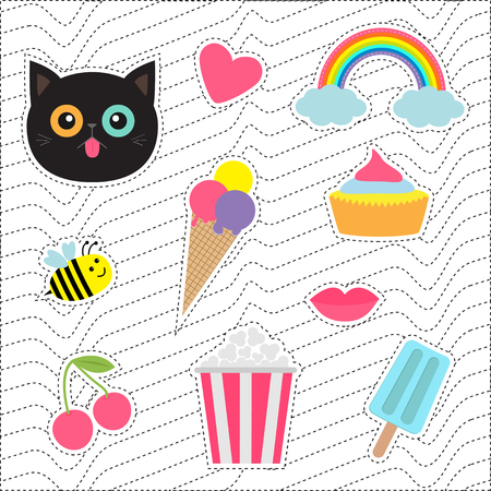 Quirky cartoon sticker patch badges set. Fashion pin collection. Cat, heart, rainbow, cloud, cupcake, bee, ice cream, popcorn, lips, cherry White black wave dash line optical background.のイラスト素材