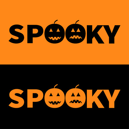Word SPOOKY text with smiling sad black pumpkin silhouette. Banner lettering set. Happy Halloween. Greeting card. Flat design. Orange baby background. illustrationのイラスト素材