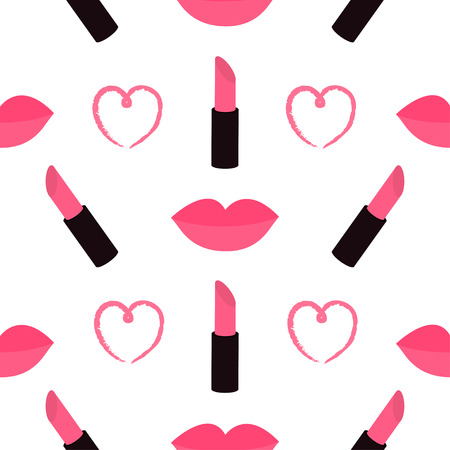 Lips, heart and pink lipstick set. Isolated Seamless Pattern White background. Flat design. Vector illustration.のイラスト素材