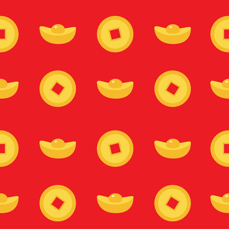 Seamless Pattern Chinese coin gold ingot set. China money square centre. Golden with hole. Happy New Year symbol atribute. Red background. Flat design. Vector illustration.のイラスト素材