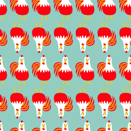 Rooster Cock bird. Seamless Pattern line. 2017 Happy New Year symbol Chinese calendar. Cute cartoon funny character with big feather tail. Baby farm animal. Blue background. Flat design. Vectorのイラスト素材