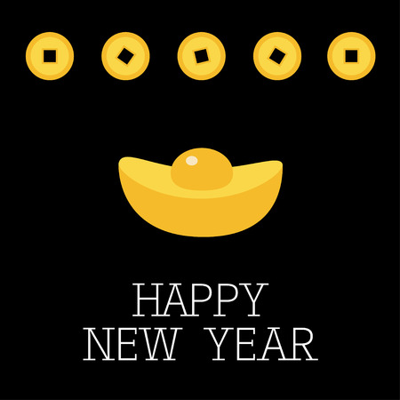 Coin money square centre. Golden bar icon. Cinese Happy New Year symbol atribute. Gold Ingot. Greeting card. Flat design. Black background. Vector illustrationのイラスト素材