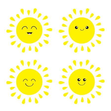 Sun shining icon set. face with different emotions. Cute cartoon funny smiling character. Hello summer. White background. Isolated. Baby collection. Flat design Vector illustrationのイラスト素材