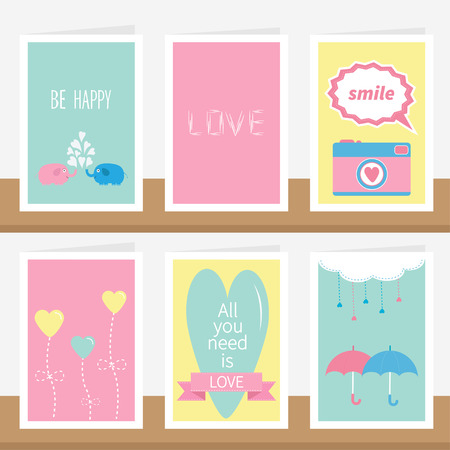 'All you need is love' quote text. Elephant family couple, photocamera, flower, heart, umbrella, cloud, dash line drops, pink ribbon. Love greeting card set on shelf. Flat design. Vector illustrationのイラスト素材