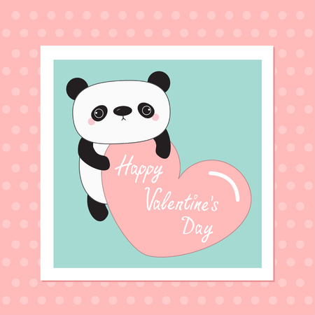 panda baby bear. Happy Valentines Day. White frame. Cute cartoon character holding big pink heart. Wild animal collection for kids. Pink dot background Love card Flat design Vector illustrationのイラスト素材