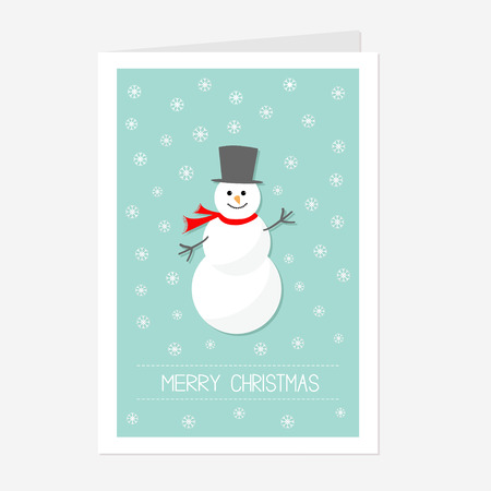 Cartoon Snowman wearing black hat and scarf. Snowflakes blue background. Merry Christmas text. Greeting card Flat design Vector illustrationのイラスト素材