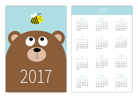 Pocket calendar 2017 year. Week starts Sunday. Flat design Vertical orientation Template. Bear grizzly big head looking at honey bee insect. Cute cartoon character White background Vector illustrationのイラスト素材