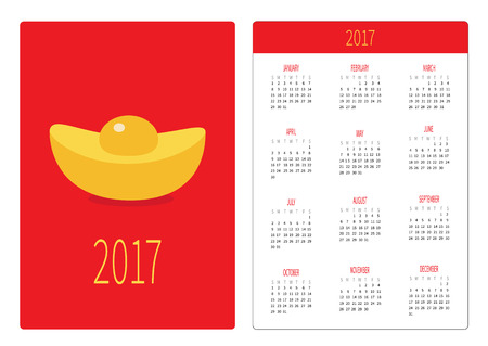 Pocket calendar 2017. Week starts Sunday. Flat design Vertical orientation Template. Golden bar icon. Cinese Happy New Year symbol. Gold Ingot. Red background. Vectorのイラスト素材
