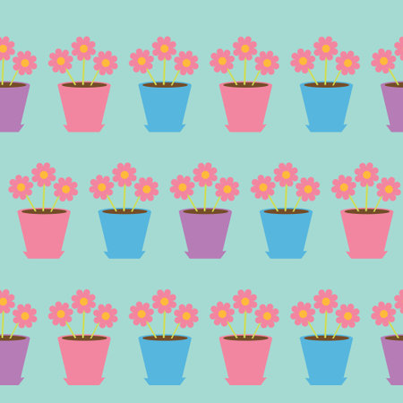 Pink daisy chamomile flower set in pot. Camomile Seamless Pattern Wrapping paper, textile template. Blue background. Flat design. Vector illustration.のイラスト素材