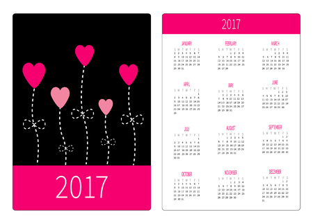 Pocket calendar 2017 year. Week starts Sunday. Flat design Vertical orientation Template. Love card. Black and pink Heart flowers. Vector illustrationのイラスト素材