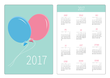 Pocket calendar 2017 year. Week starts Sunday. Flat design Vertical orientation Template. Two flying balloons. Blue background. Vector illustrationのイラスト素材
