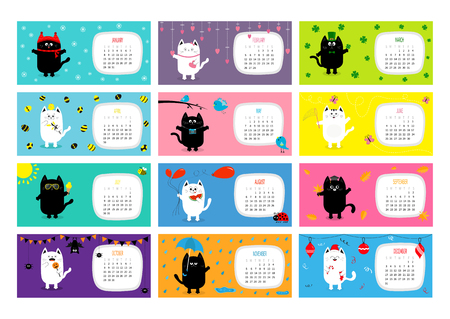 Cat horizontal monthly calendar 2017. Cute funny cartoon character set. All month. Happy Valentines St Patrick day Christmas Easter Egg Bird Chicken Umbrella, rain. Santa hat, sun Flat design Vectorのイラスト素材