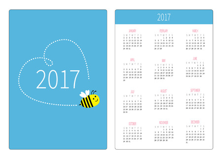 Pocket calendar 2017 year. Week starts Sunday. Flat design Vertical orientation Template. Flying bee. Dash heart in the sky Cute cartoon character. Blue background Vector illustrationのイラスト素材