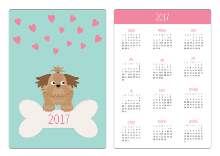 Pocket calendar 2017 year. Week starts Sunday. Flat design Vertical orientation Template. Little glamour tan Shih Tzu dog, hearts and big bone. Isolated. Blue background. Vector illustrationのイラスト素材