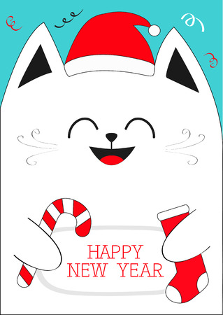 White Cat holding Happy New Year text, Candy cane, sock. Cute funny cartoon character.Confetti, red Santa hat. Flat design Blue background. Vector illustrationのイラスト素材