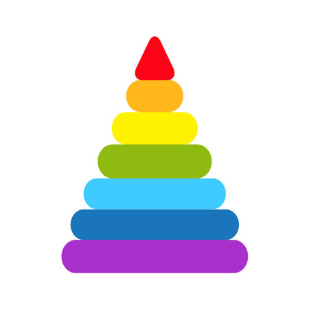 Pyramid icon. Childrens colorful plastic toy. Rainbow color stacking ring set. Triangle shape. Education card for kids. Isolated. White background. Flat design. Vector illustrationのイラスト素材