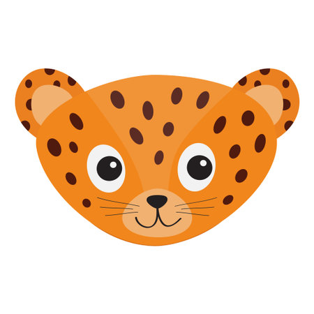 Jaguar Leopard head. Wild cat smiling face. Orange panther with spot. Cute cartoon character. Baby animal collection. Childish drawing. Isolated. White background. Flat design. Vector illustrationのイラスト素材