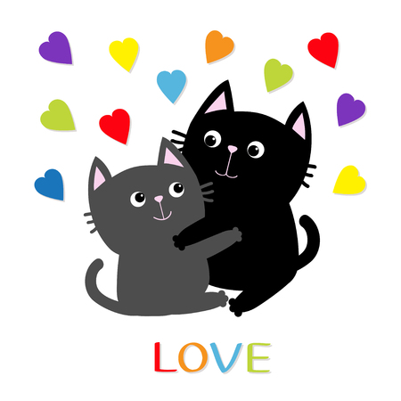 Black Gray Cat hugging couple family. Rainbow color hearts Hug, embrace, cuddle. Love Greeting card. Cute funny cartoon character. Kitty Whisker Baby pet White background. Isolated. Flat design Vectorのイラスト素材
