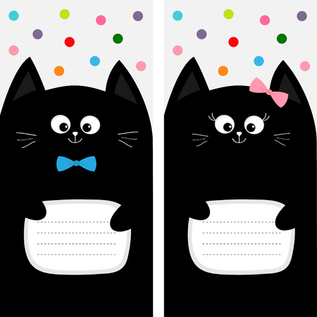 Poster Notebook cover Composition book template. Black cat kitty head with bow. Cute cartoon character set. Pet baby collection Card. Flat design. White background Colorful dot. Vector illustration.のイラスト素材