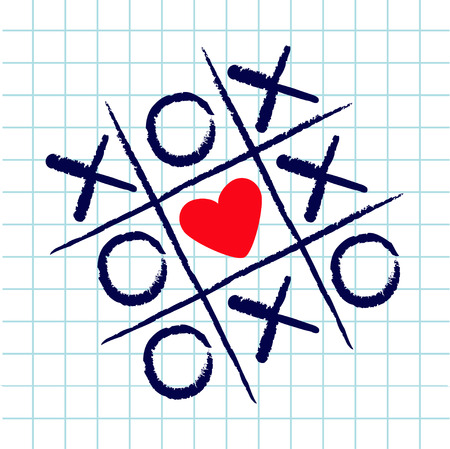 Tic tac toe game with criss cross and red heart sign mark XOXO. Hand drawn blue pen brush. Doodle line. Valentines day Flat design. Exercise book White cell Paper sheet. Vector illustrationのイラスト素材