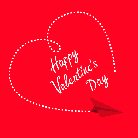 Flying paper plane. Dashed heart in the sky. Happy Valentines Day Greeting card. Flat design. Red . Isolated. Vector illustration.のイラスト素材