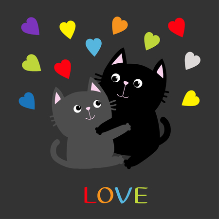 Black and gray cat hugging in rainbow colored hearts background.のイラスト素材