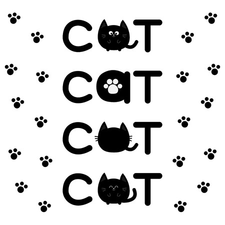 Round shape black cat text icon set. Lettering Paw print Cute cartoon character. Kawaii animal. Big tail, whisker, eyes. Kitty kitten Baby pet collection. White background Isolated Flat Vectorのイラスト素材
