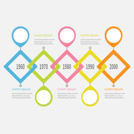 Five step Timeline Infographic. Placemark round circle. Colorful big rhombus square segment. Template. Flat design. White background. Isolated. Vector illustrationのイラスト素材
