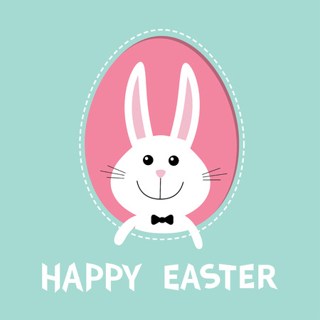 Happy Easter. Smiling bunny rabbit hare inside painted egg frame window. Bow tie accessory.のイラスト素材