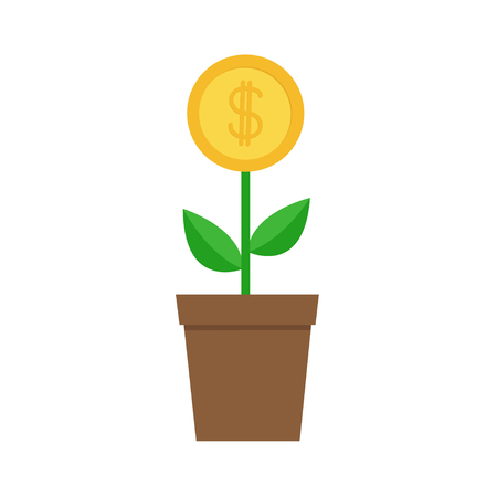 Growing money tree big coin with dollar sign Plant in the pot. Financial growth concept. Successful business icon. Flat design. White background. Isolated. Vector illustrationのイラスト素材