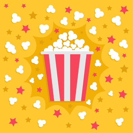 Popcorn popping explosion. Red yellow strip box package. Fast food.のイラスト素材