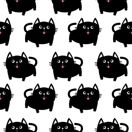 Black cat. Big tail, whisker, tongue, eyes. Cute cartoon character. Baby pet collection. Seamless Pattern Wrapping paper, textile template White background. Flat design. Vector illustrationのイラスト素材