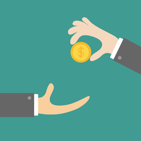 Giving taking Hands with golden coin money dollar sign. Helping hand concept. Flat design style. Business support credit icon set. Green background. Vector illustration.のイラスト素材