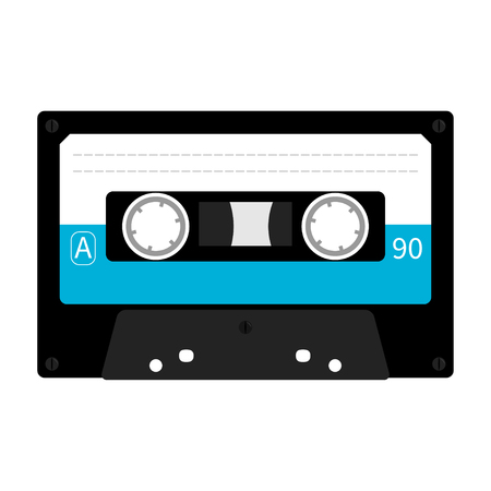 Plastic audio tape cassette. Retro music icon. Recording element. 80s 90s years. Blue color template. Flat design. White background. Isolated. Vector illustrationのイラスト素材