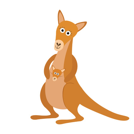 Kangaroo mom with baby in the pocket pouch. Cute cartoon character. Australia marsupial animal. Education card for kids. Flat design. White background. Isolated. Vector illustrationのイラスト素材