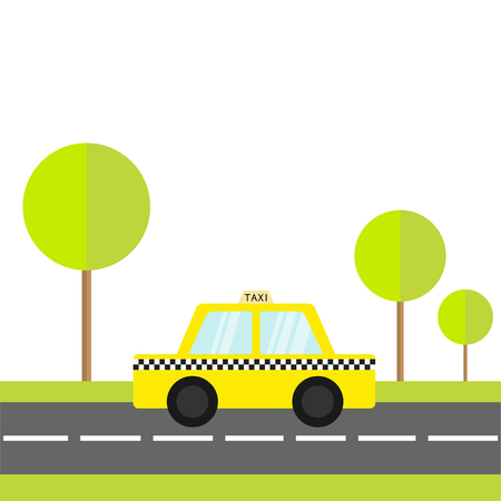 Taxi car cab icon on the road. Green grass, tree. Cartoon transportation collection. Yellow taxicab. Checker line, light sign. New York symbol. Isolated. White background. Vector illustrationのイラスト素材