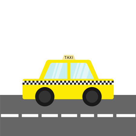 Taxi car cab icon on the road. Cartoon transportation collection. Yellow taxicab. Checker line, light sign. New York symbol. Isolated. White background. Vector illustrationのイラスト素材