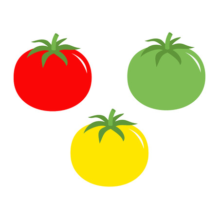 Tomato with leaves icon. Red yellow green color. Vegetable collection. Fresh farm healthy food. Education card for kids. Flat design. White background. Isolated. Vector illustrationのイラスト素材