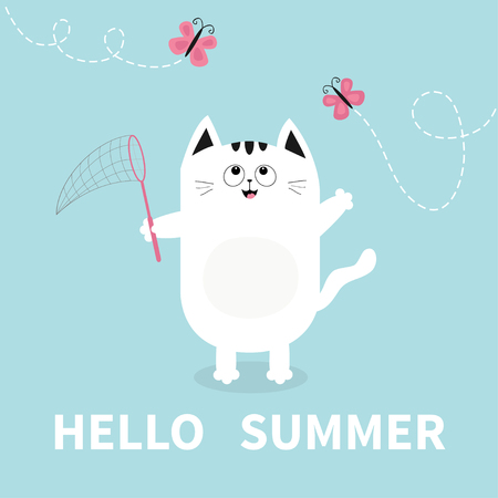 Hello summer. White cat Pink butterfly insect, net. Dash line track.. Cute cartoon character. Greeting card. Funny pet animal collection. Flat design. Blue background. Vector illustrationのイラスト素材