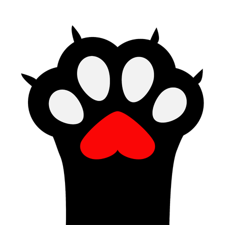Big black cat paw print leg foot with nail claw. Red heart sign symbol. Cute cartoon character body part silhouette. Baby pet collection. Flat design. White background. Isolated. Vector illustrationのイラスト素材
