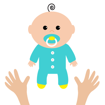 Two human hands. Mother care. Baby shower card. It's a boy. Flat design style. White background. Isolated. Vector illustration.のイラスト素材