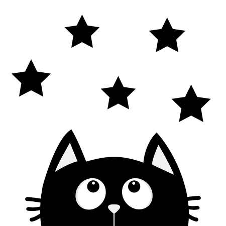 Black cat looking up to star shape. I love cats. Cute cartoon funny character. Kawaii animal. Love Greeting card. Flat design style. White background. Isolated. Vector illustrationのイラスト素材