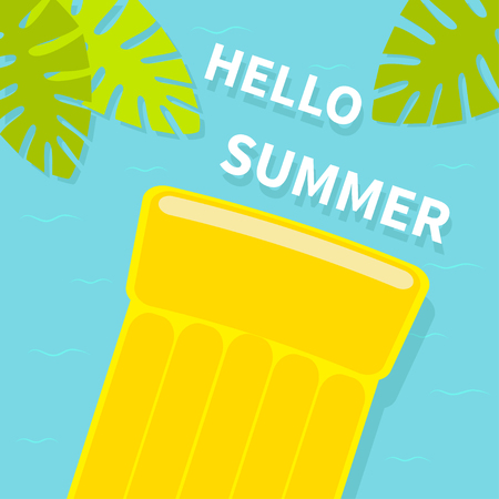 Floating yellow air pool water mattress. Top aerial view. Hello Summer greeting card. Palm tree leaf. Cute cartoon relaxing object.のイラスト素材