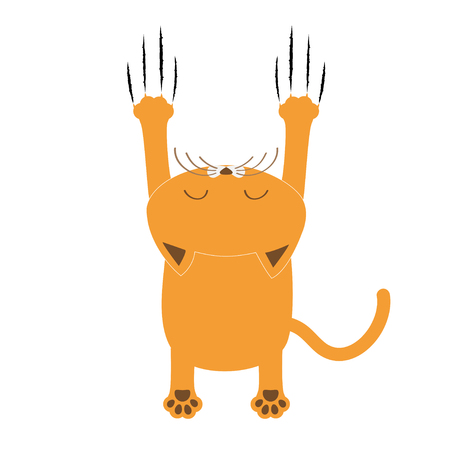 Cartoon red orange cat. Back view. Red bloody claws animal scratch scrape track.のイラスト素材
